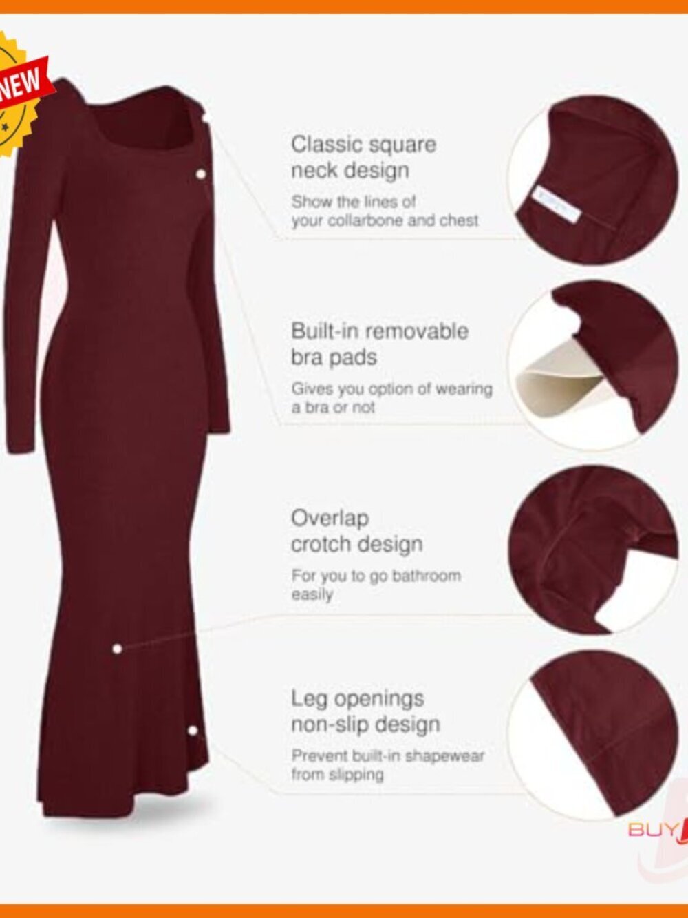 Long Sleeve Maxi Dress with Built-in Shapewear Bra, Square Neck Bodycon - Picture 4 of 7